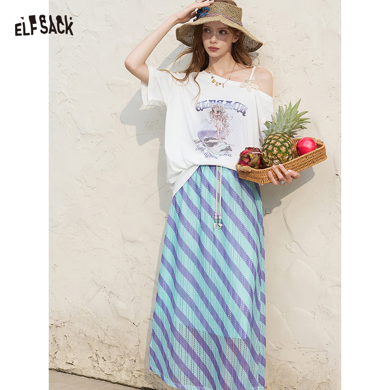 Women'S Fashion Graphic Tees - ELFSACK Off-shoulder wit T-shirt en midi