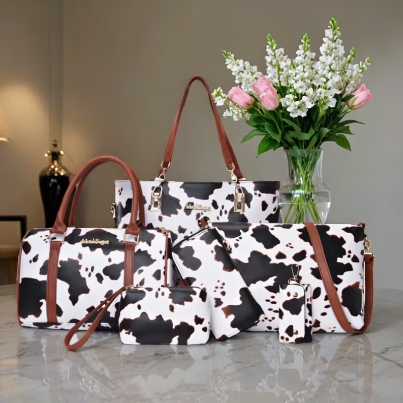 Crossbody Bag Women - 6-delige PU lederen tasjesset met koeienprint,